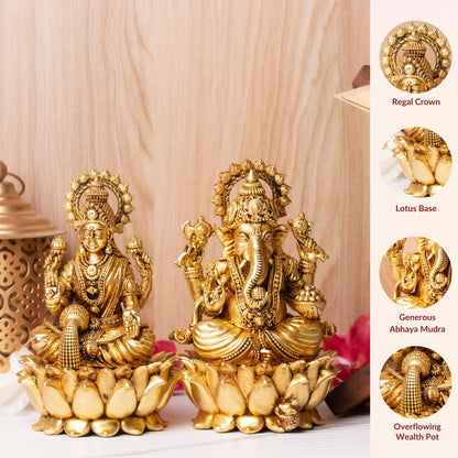 Divine duo Shri Lakshmi with Shri Ganesha Brass Murti - Pair With Gift Box