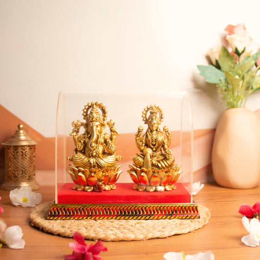 Divine duo Shri Lakshmi with Shri Ganesha Brass Murti - Pair With Gift Box